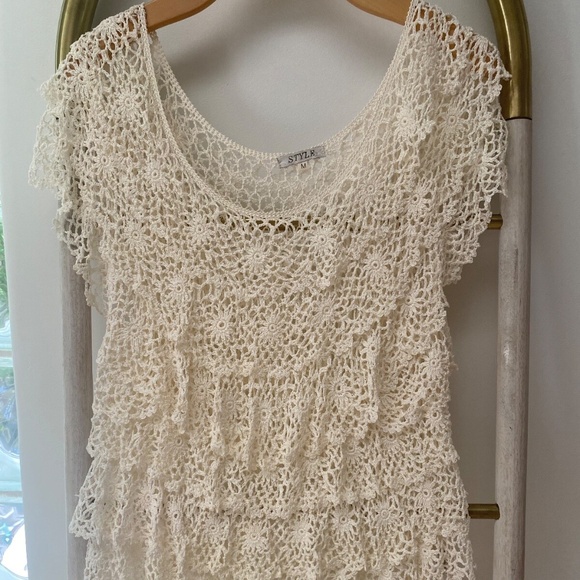 Style Handmade Womens Ivory Crochet Layered Summer Cotton Short Sleeves Top Sz M - Picture 2 of 8